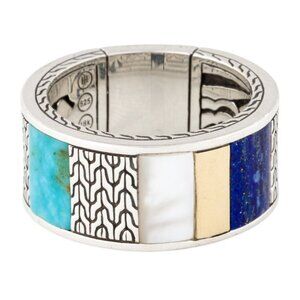 JOHN HARDY 18K STERLING SILVER , MOP TURQUOISE & LAPIS LAZULI CARVED CHAIN RING